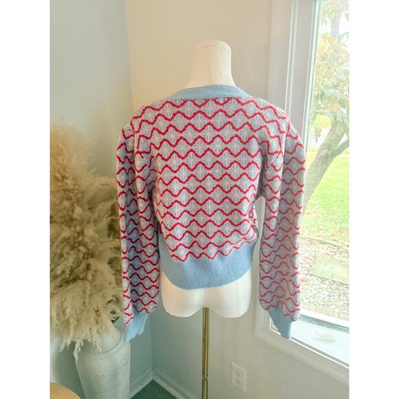 NWT Cider Wavy Button Up Crop Cardigan Sweater Womens XL Blue Red Retro Indie - Picture 5 of 8